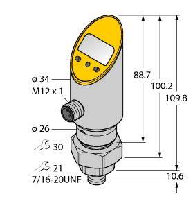 Abbildung zeigt einen zylindrischen Drucksensor mit gelbem Display, drei Tasten und Anschlussdetails. Maße sind in Millimetern angegeben.