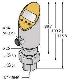 Zeichnung eines Sensors mit Abmessungen: Höhe 115,8 mm, Breite 34 mm. Anschlüsse: M12 x 1, 1/4-18NPT. Werkzeuggrößen: 30 mm, 21 mm.