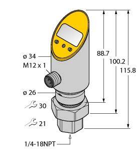 Diagramm eines Sensors mit Abmessungen in mm. Oben ein ovaler Bereich mit Display und Tasten. Verschiedene Durchmesser und Gewindeanschlüsse sind angegeben.