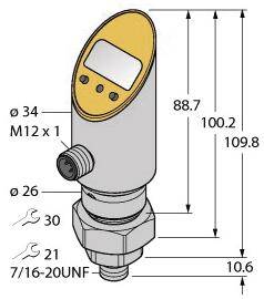 Elektronischer Drucksensor mit Gewindedetails und Abmessungen in Millimetern: Höhe 109,8, Breite 34, Anschlüsse M12 x 1, 7/16-20UNF.