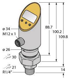 Ein Sensor mit digitalem Display, Anschlussgewinde M12 x 1, Gesamthöhe 109,8 mm. Messwerkzeuge zeigen Maße an verschiedenen Stellen.