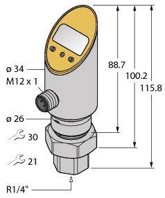 Diagramm eines zylindrischen Sensors mit Maßen. Hauptmaße: 88,7 mm Körperlänge, 115,8 mm Gesamtlänge, Durchmesser 34 mm. Anschlüsse: M12 x 1 und R1/4'.