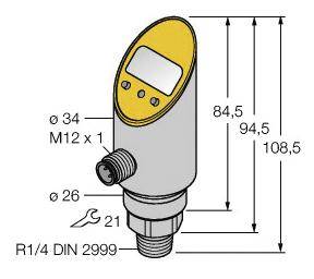 Ein Sensor mit digitaler Anzeige, maßgezeichnet mit Höhen von 84,5 mm bis 108,5 mm und Durchmessern von 34 mm und 26 mm.