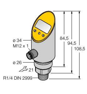 Abbildung eines Sensors mit Maßangaben: Höhe 108,5 mm; Breite 34 mm. Anschlüsse: M12 x 1, R1/4 DIN 2999; Durchmesser 26 mm.