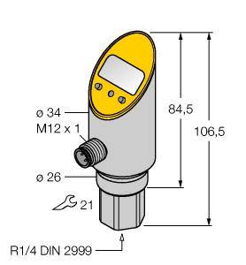 Abbildung eines Drucksensors mit den Maßen: Gesamthöhe 106,5 mm, Breite 34 mm, Steckergröße M12 x 1, Gewinde R1/4 DIN 2999.