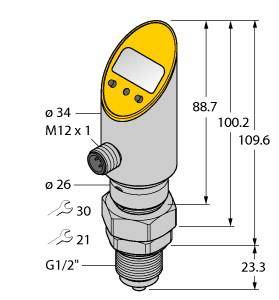 Technische Zeichnung eines Sensors mit Abmessungen: Höhe 109,6 mm, Breite 34 mm. Zeigt Anschlussdetails und Anzeigefeld.