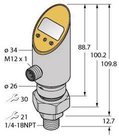 Ein digitales Manometer mit Display und Tastenoberfläche. Es zeigt Abmessungen in mm: Höhe 109,8, Breiten von 26 bis 34, und Gewindegrößen.