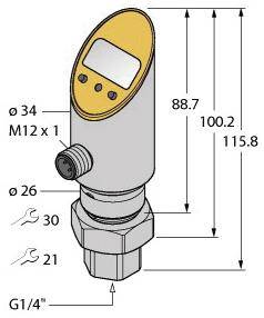 Ein Drucksensor mit digitalen Anzeigeelementen. Maße und Gewinde sind hervorgehoben: Höhe 115,8 mm, Durchmesser 34 mm, Anschluss G1/4.
