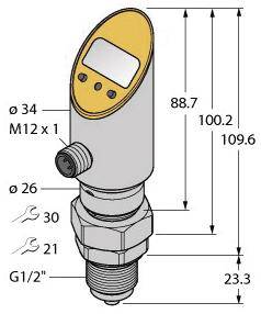 Abbildung eines Drucksensors mit technischen Maßen: Höhe 109,6 mm, Durchmesser Ø34 mm. Anschlüsse: M12 x 1 oben, G1/2