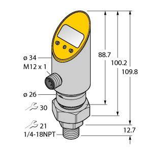 Sensor mit digitalem Display, zylinderförmig, zeigt Maße: Höhe 109,8 mm, Ø 34 mm, M12 x 1 Anschluss, 1/4-18NPT Gewinde.