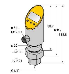 Technische Zeichnung eines elektronischen Drucksensors mit Abmessungen, Anschlussgrößen und Display. Maße: Höhe 115,8 mm, Durchmesser 34 mm.