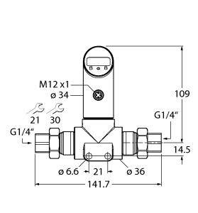Technische Zeichnung eines Ventils mit Maßen: Breite 141,7 mm, Höhe 109 mm. Zulauf- und Auslaufventile G1/4