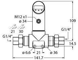 Technische Zeichnung eines Ventils mit Abmessungen in Millimetern; seitliche und frontale Ansichten, M12-Gewinde.