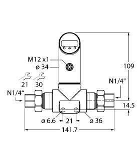 Technische Zeichnung eines T-Stücks mit zwei seitlichen Anschlüssen (N1/4”), Maßen und zwei Schraubenschlüsselgrößen (21, 30).