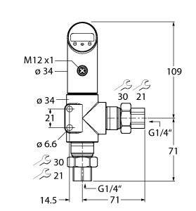 Technische Zeichnung eines Ventils mit Maßen in Millimetern. Zeigt Anschlüsse, Schraubenschlüsselgrößen und Gewindebezeichnung 'G1/4''.