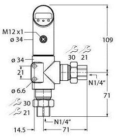 Technische Zeichnung eines Ventils mit Abmessungen in Millimetern. Zeigt Anschlüsse: M12x1, ø34, N1/4'', Gesamthöhe 109 mm.