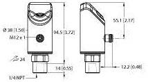 Technische Zeichnung eines Bauteils mit Maßen: Höhe 55 mm, Breite 38 mm, Tiefe 94,5 mm. Enthält M12x1-Gewinde und 1/4 NPT-Anschluss.