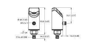 Technische Zeichnung eines zylindrischen Sensors mit Maßen: Höhe 93,8 mm, Breite 55,1 mm. Zeigt Verschraubung und Anschlussdetails.