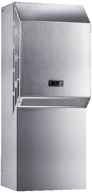 Metallkühlsystem für industrielle Anwendungen mit digitaler Temperaturanzeige zeigt eine eingestellte Temperatur von 35 Grad.