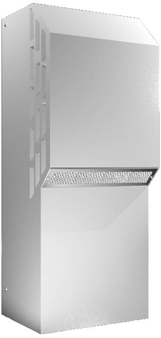 Ein silberner, metallischer Wandventilator mit einem modernen, rechteckigen Design. Oberer Bereich mit Lüftungsschlitzen.