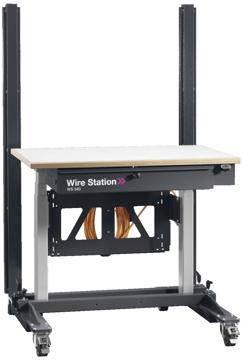 Arbeitsplatzsystem mit Rollen, Höhenverstellbarkeit und Stauraum für Kabel, geeignet für Werkstätten oder industrielle Umgebungen.