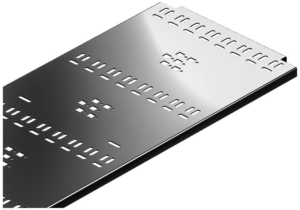 Metallplatte mit rechteckigen und ovalen Aussparungen, diagonale Anordnung, spiegelnde Oberfläche.用途不明。
