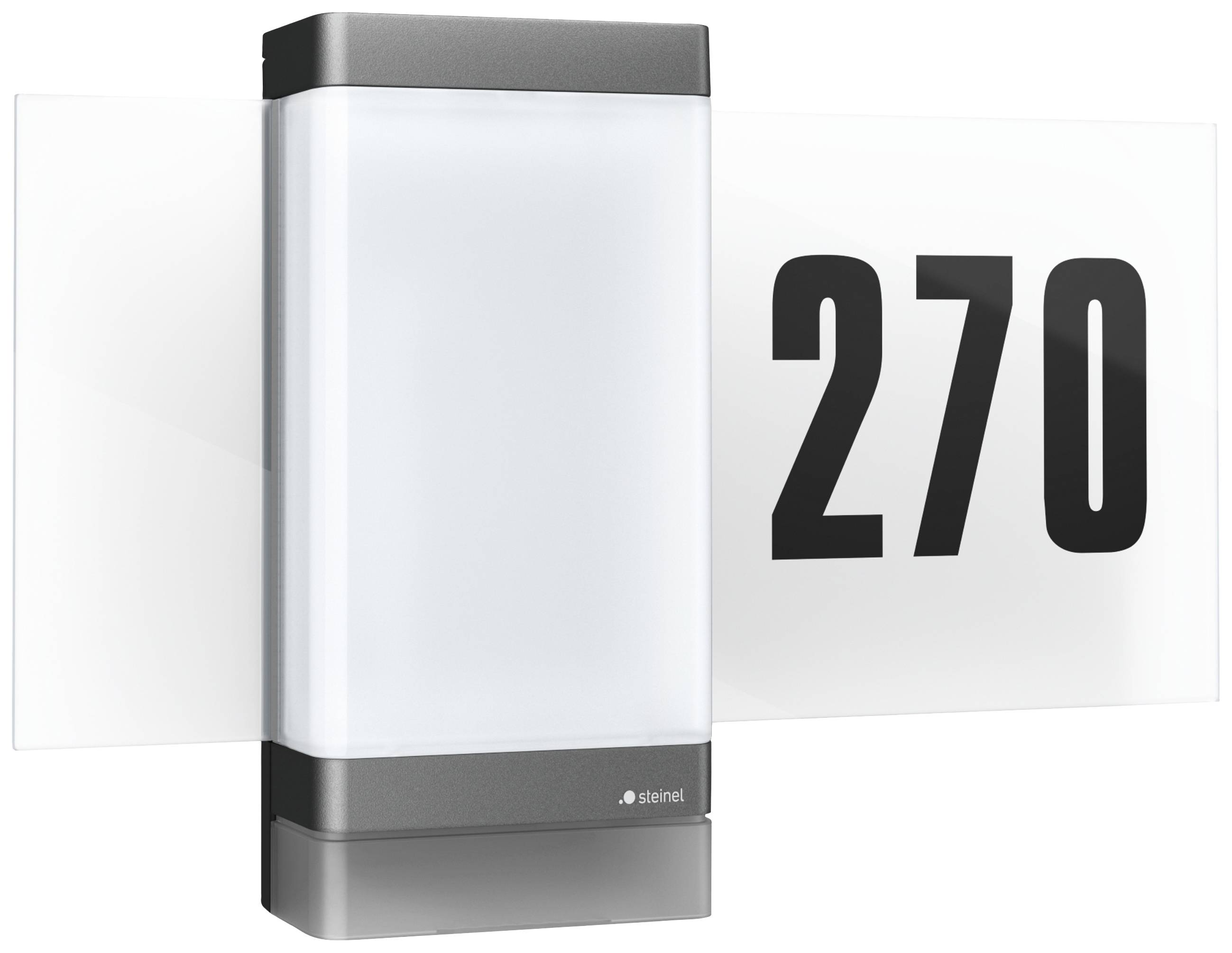 Eine moderne, rechteckige Hausnummernleuchte mit der aufgedruckten Zahl '270'. Die Leuchte hat ein klares, minimalistisches Design.