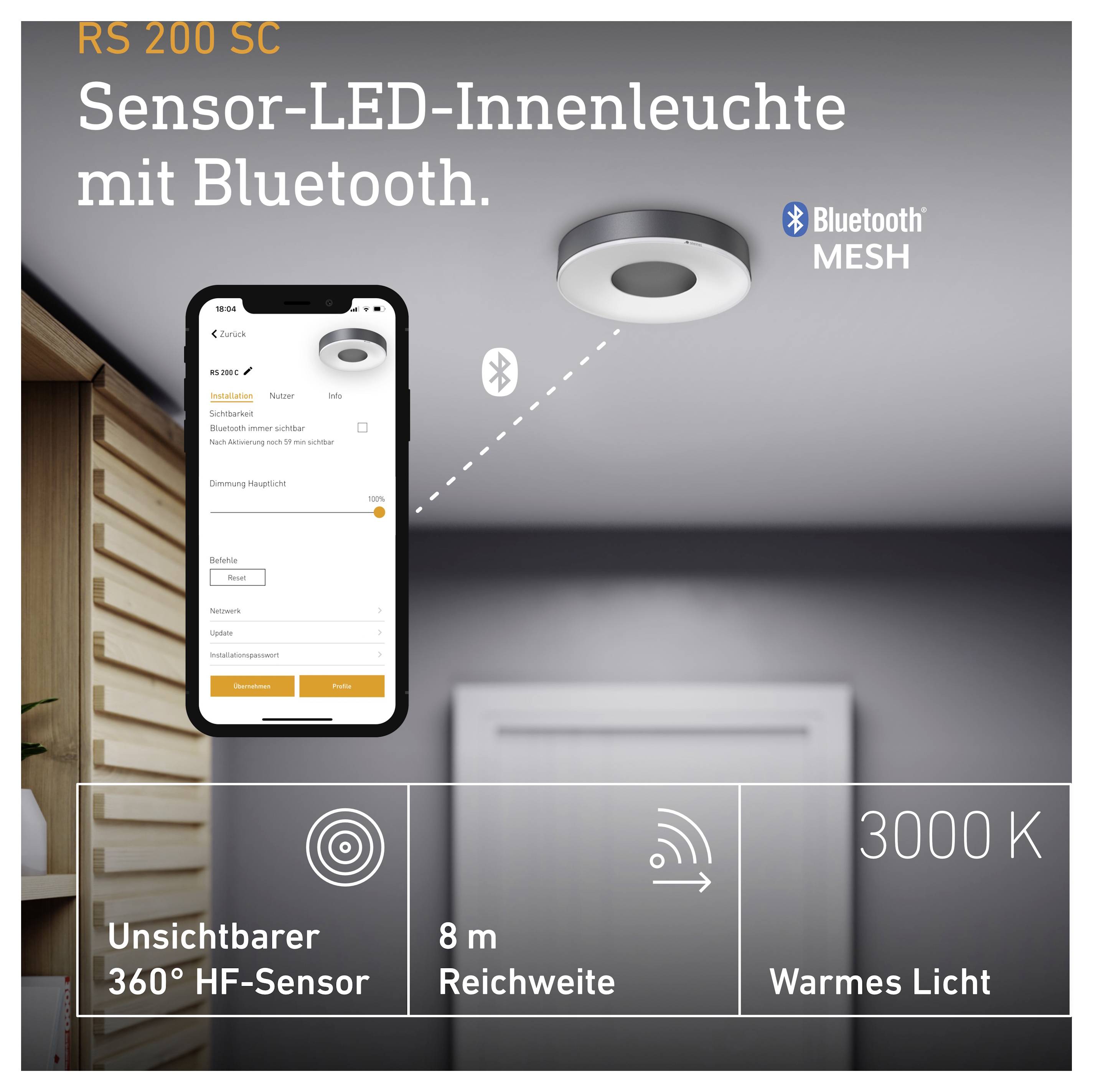 Werbeanzeige für RS 200 SC: Deckenleuchte mit Bluetooth Mesh, unsichtbarem 360°-HF-Sensor, 8 m Reichweite und 3000 K warmem Licht.