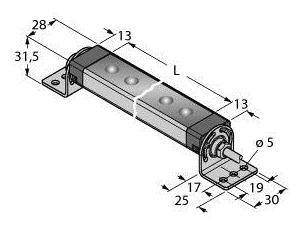 Technische Zeichnung eines länglichen Bauteils mit Maßen in Millimetern. Zeigt Befestigungen, Abmessungen und Achsloch.