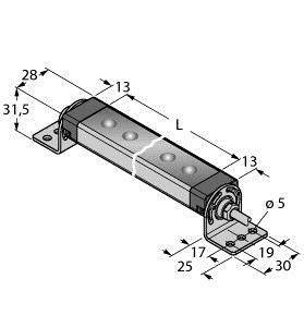 Technische Zeichnung eines rechteckigen, rotierenden Bauteils, mit Maßangaben in Millimeter: Länge L, Breite 13, Höhe 28.