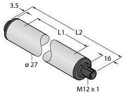 Technische Zeichnung eines zylindrischen Bauteils mit Gewinde M12 x 1, Länge L1 und L2, Durchmesser 27, und Gesamtmaß 3.5 bis 16.