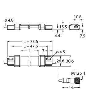Technische Zeichnung eines zylindrischen Steckverbinders mit Maßen: Durchmesser 4,8 und 4,5 mm, Länge 47,6 bis 73,6 mm, M12 x 1 Gewinde.