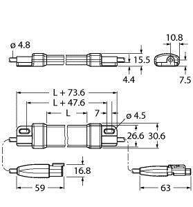 Technische Zeichnung eines Steckverbinders mit Maßen in Millimetern. Zeigt Details wie Länge (73,6 mm + 47,6 mm) und Durchmesser (4,8 mm).