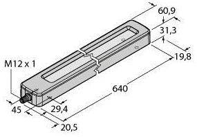 Technische Zeichnung eines länglichen Bauteils mit Maßen: 640 mm Gesamtlänge, 60,9 mm Breite. Details von Löchern und Anschlüssen markiert.