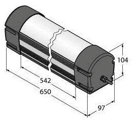 Isometrische Zeichnung eines zylindrischen Motors mit einer Länge von 650 mm und einem Durchmesser von 104 mm, mit zusätzlichen Maßlinien.