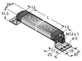 LED-Leuchte mit den Maßen: Länge (L) von 31,5, Breite 28, Höhe 13 mm. Seitlicher Anschluss M12 x 1. Bohrungsdurchmesser 5 mm.