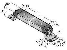 Technische Zeichnung eines Balkens mit Maßen: 31,5 mm hoch, 28 mm breit, Länge L. Weitere Maße: 13 mm, 5 mm, 17 mm, 19 mm, 25 mm, 30 mm.
