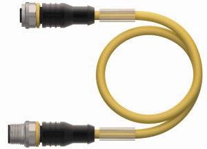 Gelbes, flexibles Kabel mit zwei schwarzen Steckverbindern an den Enden, geformt in einer Schleife, auf weißem Hintergrund.