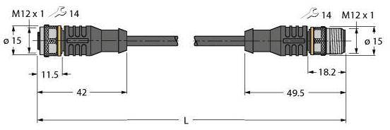 Steckerdiagramm mit Abmessungen: M12 x 1, Durchmesser 15 mm. Links: 42 mm Länge, rechts: 49,5 mm Länge. Gesamt: 'L'.