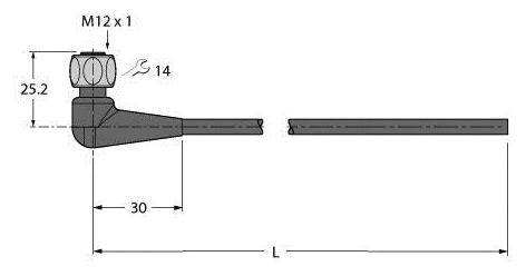 Technische Zeichnung eines Winkelfittings mit M12x1-Gewinde, 25,2 mm Höhe, 30 mm Breite, Rohrdurchmesser 14 mm, Länge L.