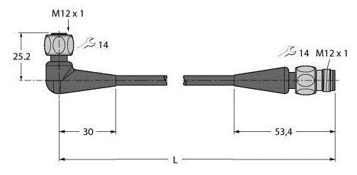 Technische Zeichnung eines Winkelsteckanschlusses mit Maßen: Gesamtlänge 53,4 mm, Breite 30 mm, Höhe 25,2 mm, Gewinde M12 x 1.