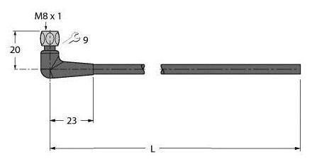 Technische Zeichnung eines Winkelschlüssels mit M8 x 1 Gewinde; beschreibt Längenmaße: 20 mm Kopf, 23 mm Schaft.