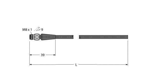 Technische Zeichnung eines Steckverbinders mit den Maßen: M8 x 1, 9 mm Durchmesser, 39 mm Länge bis zum Stift, Gesamtlänge L.