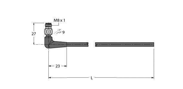 Technische Zeichnung eines Ventils mit Abmessungen: Höhe 27 mm, Breite 23 mm, Anschluss M8 x 1. Länge ist mit 'L' markiert.