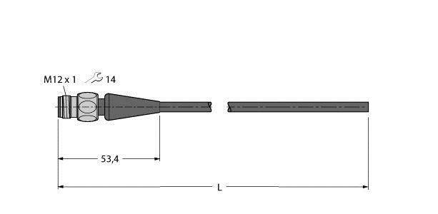 Technische Zeichnung eines zylinderförmigen Steckers mit den Maßen: Länge 'L', Breite '53,4', Gewinde 'M12 x 1'.