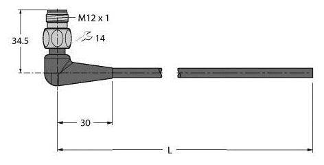Technische Zeichnung eines Ventils mit M12x1-Gewinde oben links. Höhe 34,5, Länge 30. Seitliche Rohrverlängerung.