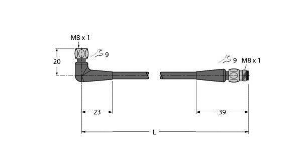 Technische Zeichnung eines Winkelschraubenschlüssels mit Maßen; Seitenansicht zeigt Länge 23 mm, Gesamtbreite 39 mm, Gewinde 'M8 x 1'.