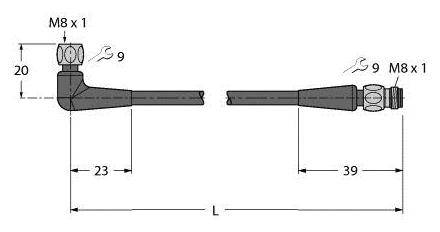 Technische Zeichnung eines Steckers mit Abmessungen. Links: L-förmig, 20 mm hoch, 23 mm lang. Rechts: gerader Stecker, 39 mm lang. Gewinde M8 x 1.