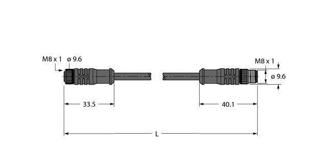 Steckverbinder M8 mit zwei Enden, jeweils M8 x 1, Gesamtlänge (L) mit Teilen von 33,5 mm und 40,1 mm.