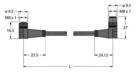 Technische Zeichnung von zwei gegenüberliegenden Steckverbindern mit Abmessungen. Winkeladapter mit M8-Gewinde und Durchmesserangaben.